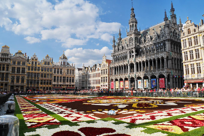 Flower carpet at the Grand Place, a popular reason to take a Brussels day trip.