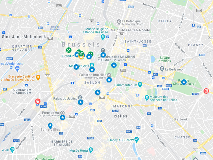 Google Map snapshot of one day in Brussels itinerary