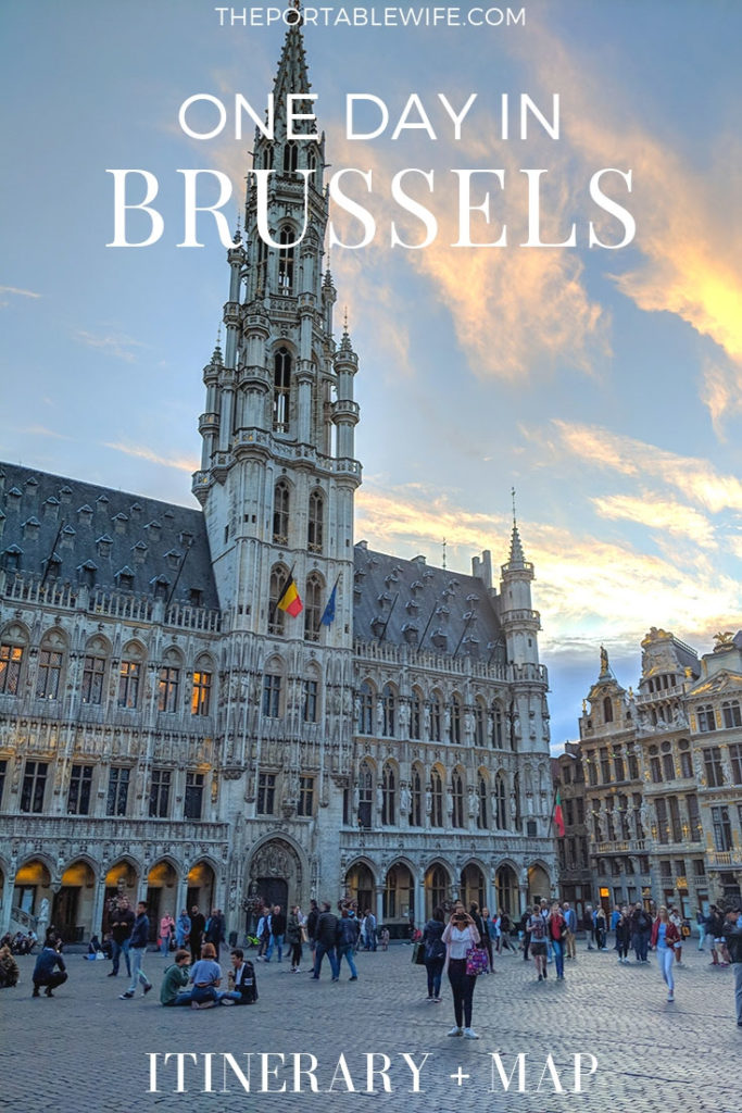 Front exterior of Brussels town hall, with text overlay - "One day in Brussels: Itinerary + Map".