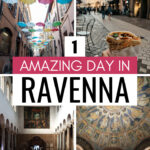 1 Day in Ravenna - collage of umbrella street, sandwich, church hall, and mosaic ceiling