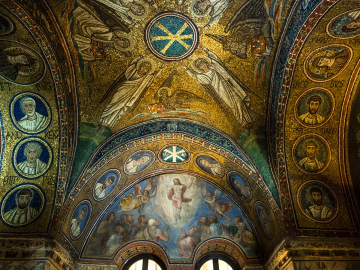 Gold and blue mosaic tile ceiling with angels in St. Andrew's Chapel Ravenna.