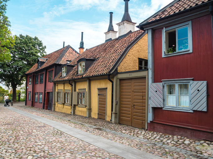 Stockholm Katarina Road Houses with red and yellow facades.