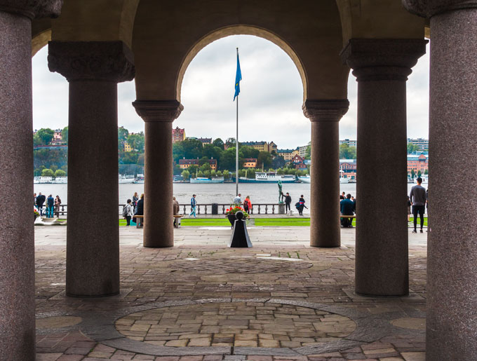 Stockholm City Hall Courtyard with pillars and arched ceiling.