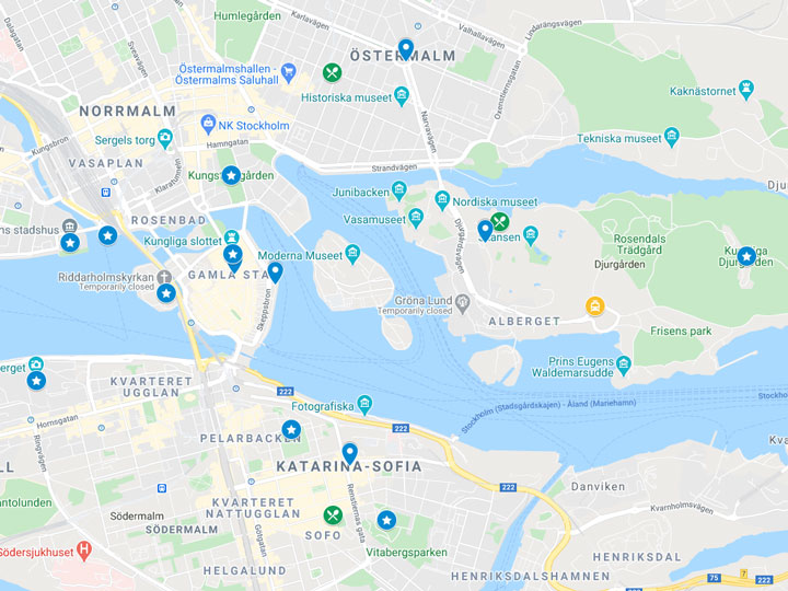 Google Maps snapshot of one day in Stockholm itinerary map