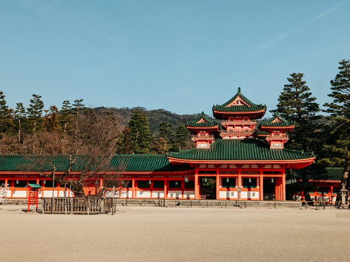 Kyoto Heian Shrine outer building with red and orange facade.