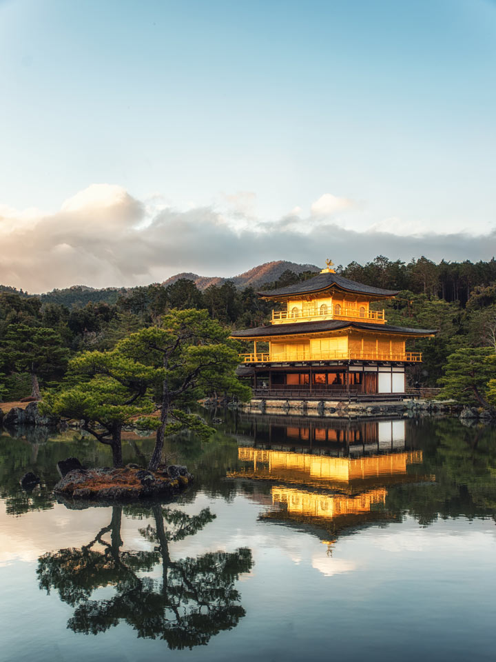 Kinkaku-ji golden temple reflected in pond with tree.