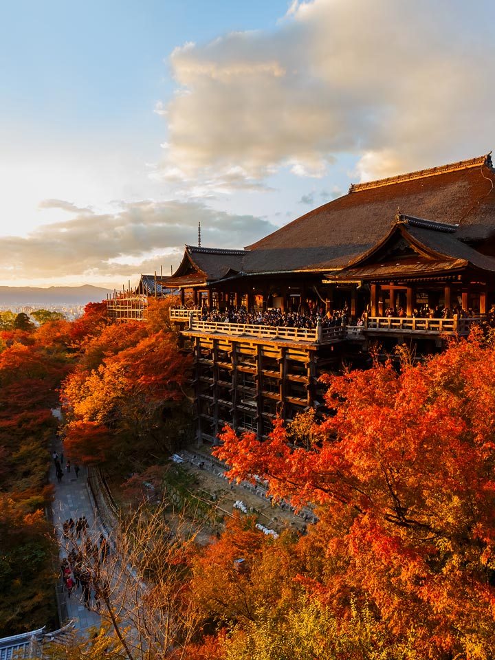 Kiyomizudera temple in autumn at sunset.