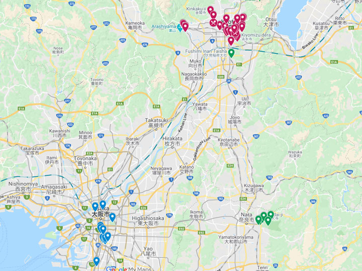 Google Maps snapshot of Osaka Kyoto Nara itinerary map.