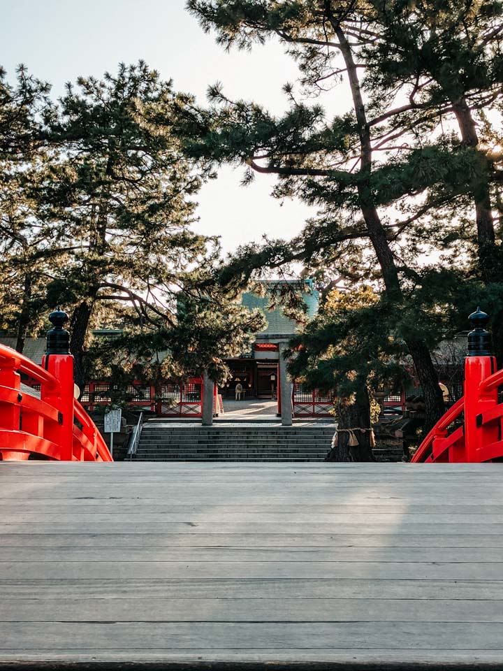 Osaka Sumiyoshi Taisha red footbridge leading to torii gate