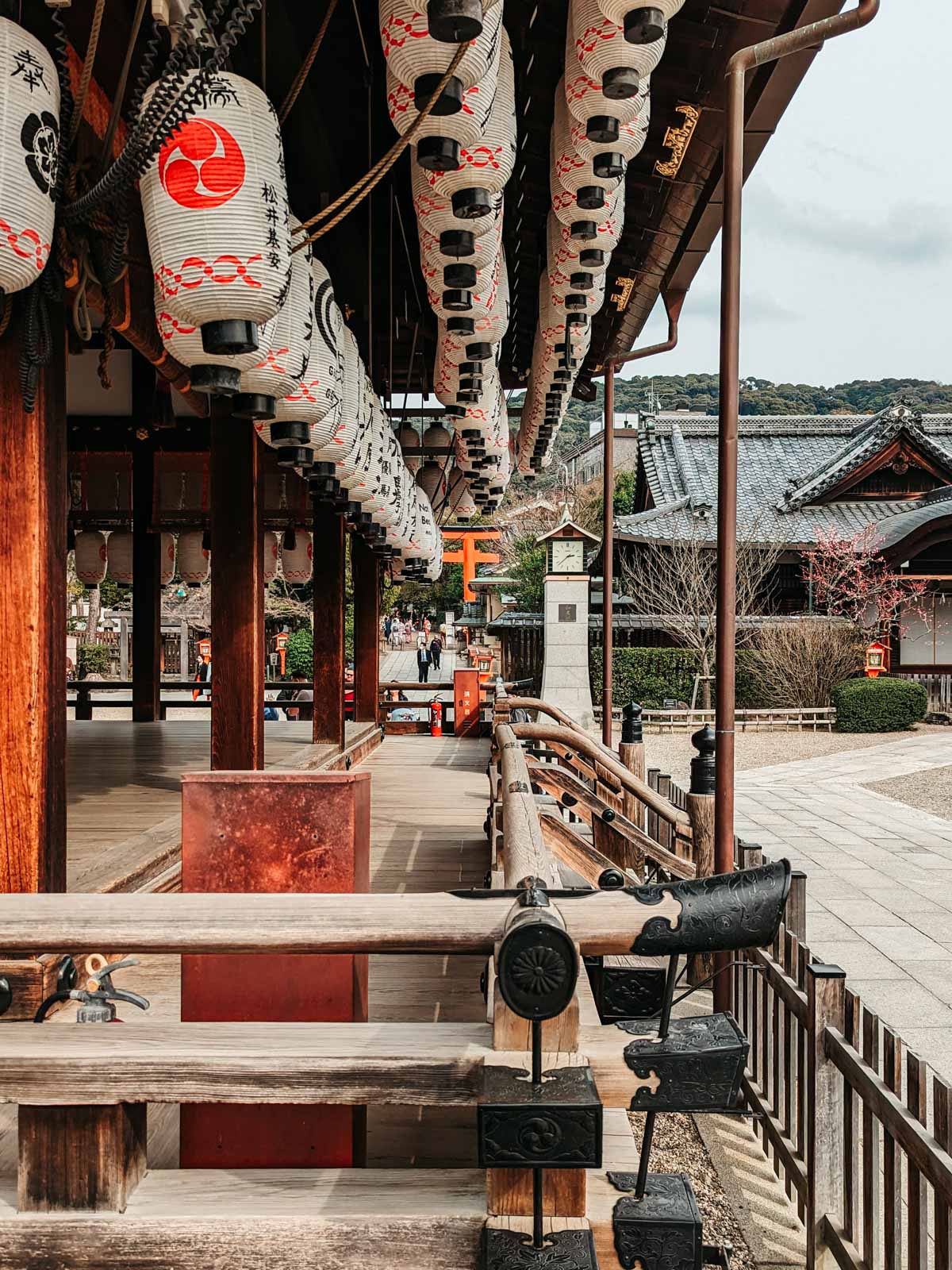Inside Kyoto Yasaka Shrine with view of wooden platform with Japanese lanterns hanging above.