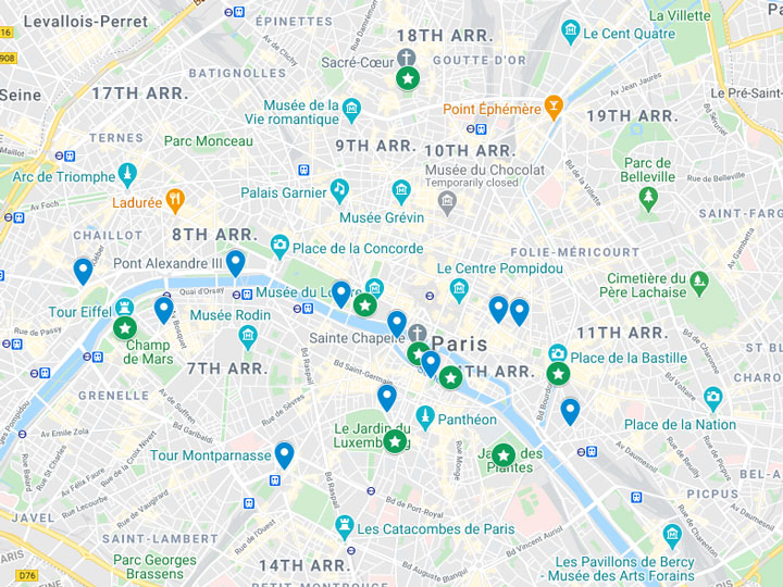 Google Maps snapshot of Paris photo spots map