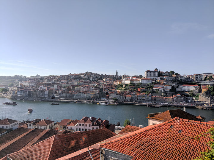 Sunset view of Porto riverfront from Jardim do Morro.