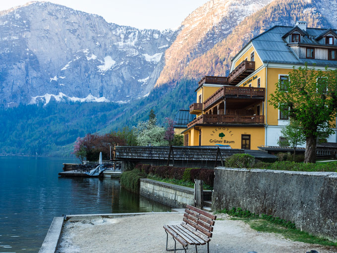 View of spring in Hallstatt with bench and mountains.