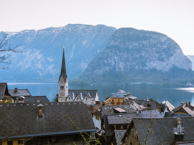 Blue hour view over Hallstatt village and lake.