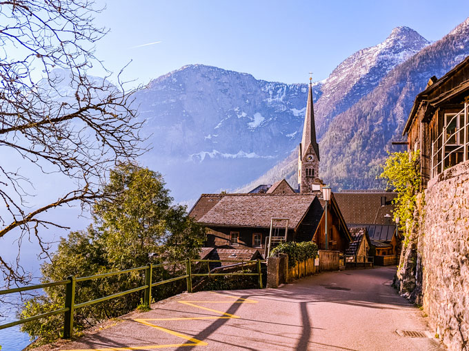 Sunrise view of Hallstatt church.