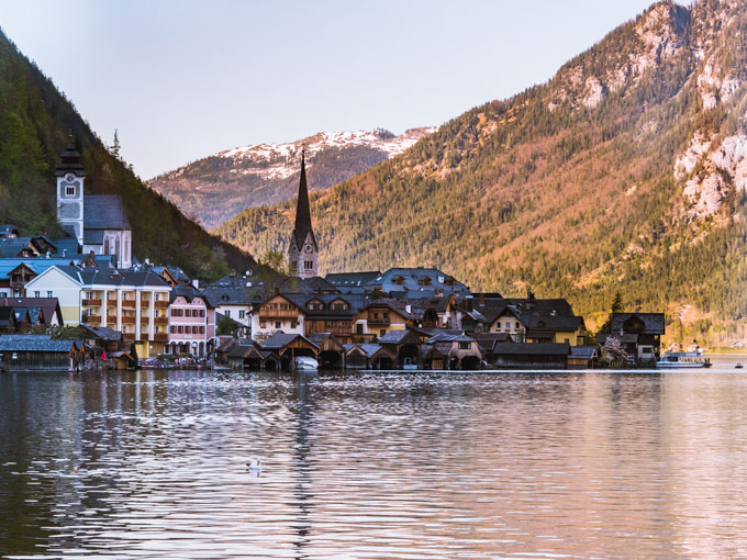 Sunset view of village and lake after spending one day in Hallstatt.