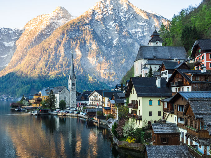 Postcard view of Hallstatt village panorama.