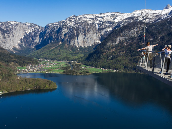 View of Lake Hallstatt and Obertraun from Hallstatt Skywalk.