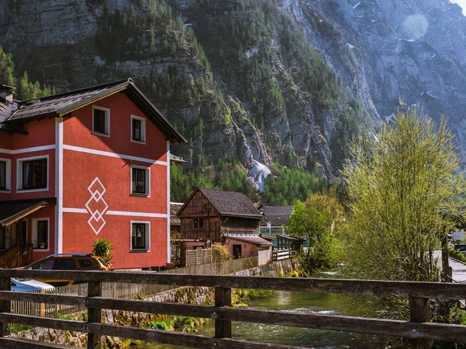 Hallstatt houses and cottages along creek.