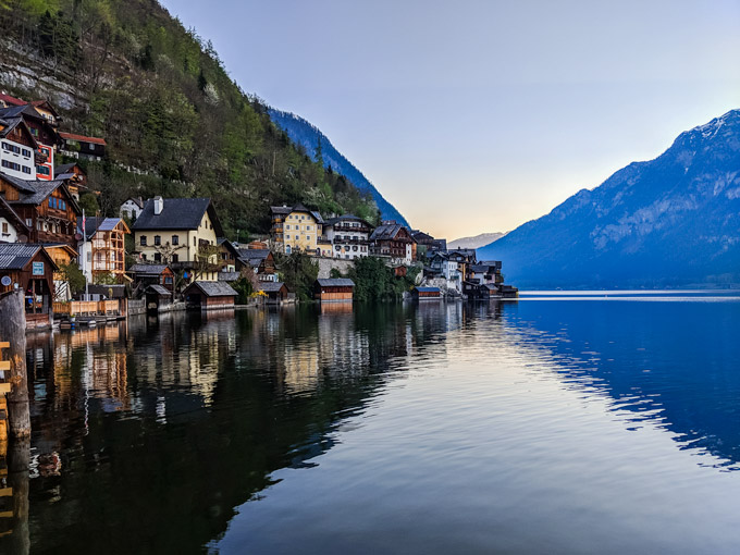 Sunset view of northern Hallstatt village, a perfect way to end your Hallstatt itinerary.