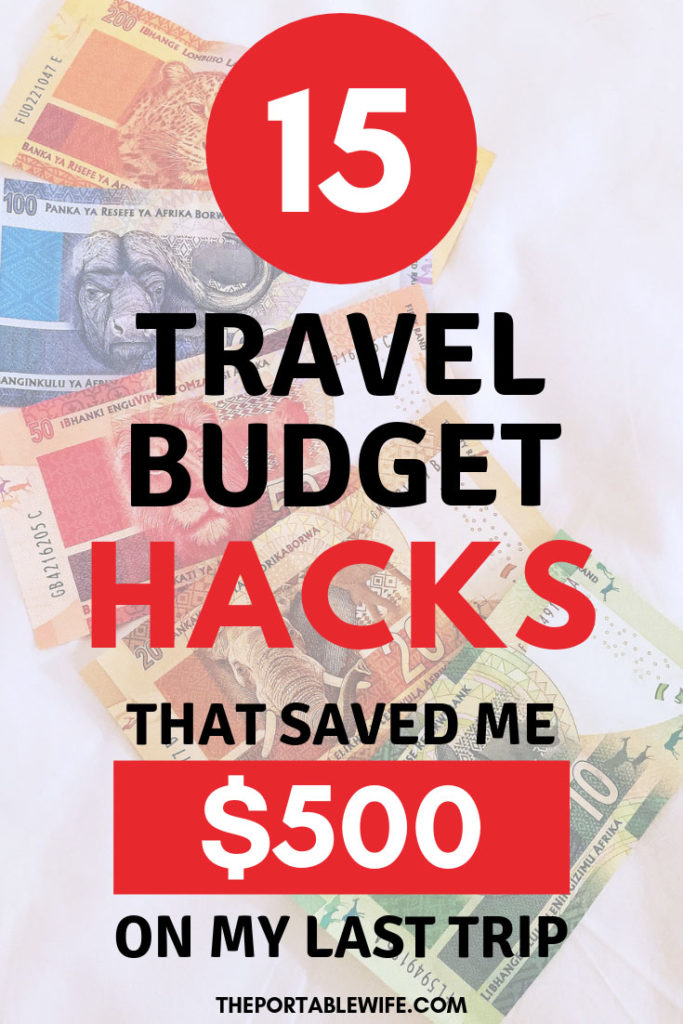Colorful money in background with text overlay - "15 Travel Budget Hacks That Saved Me $500 on my Last Trip".