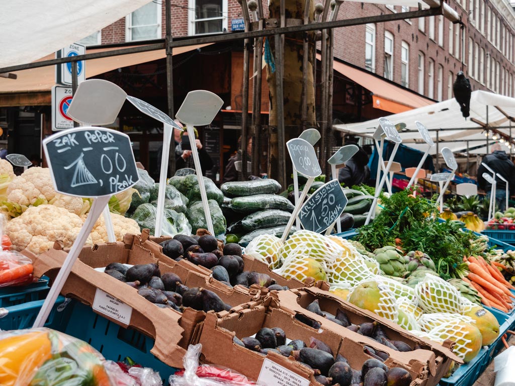 Produce stall at outdoor market in Amsterdam.