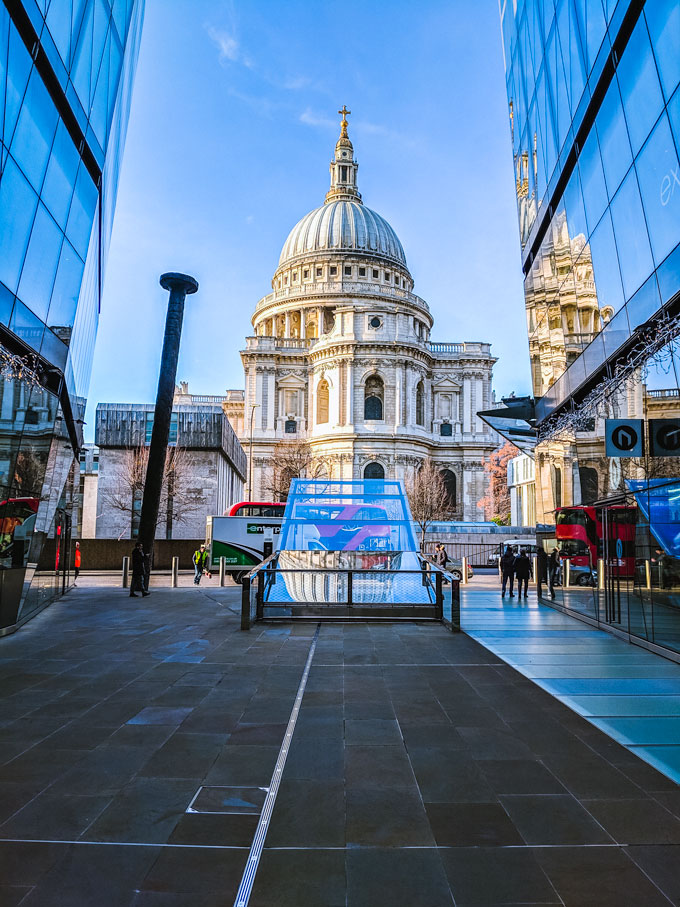 View of St. Paul's Cathedral from between two glass buildings.