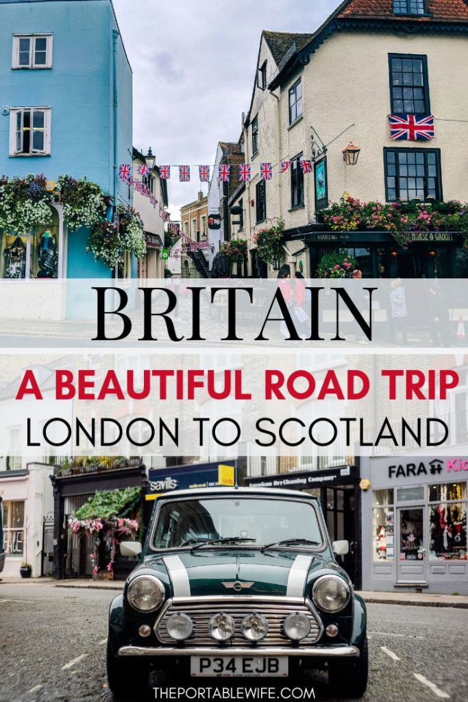 Collage of British pubs and vintage car, with text overlay - "Britain: A Beatuiful Road Trip London to Scotland".