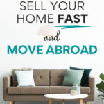 Living room sofa, table, and checkered rug, with text overlay - "4 tricks to sell your home and move abroad".