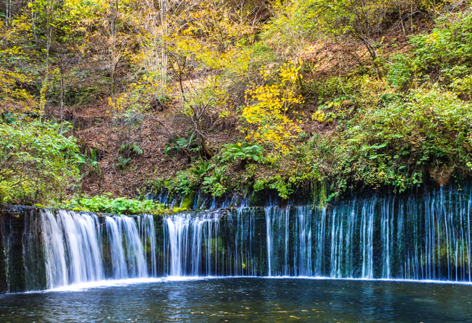 View of Karuizawa Shiraito Falls with horseshoe shape falls and autumn leaves above water pool.