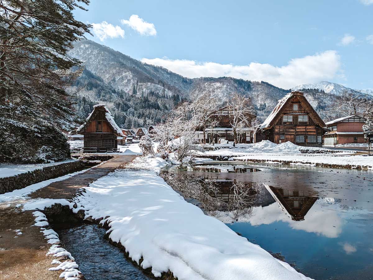 Gassho houses near pond covered in snow seen during winter Shirakawago day trip.