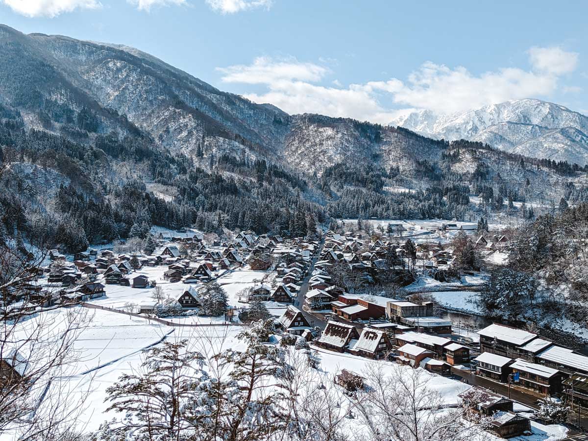 Panoramic view of Shirakawago village and mountains from Ogimachi Castle Observation area.