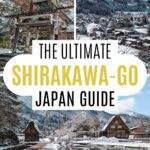 Shirakawago shrine bell tower, traditional houses, and panoramic view, with text overlay - "The ultimate Shirakawa-go Japan guide".
