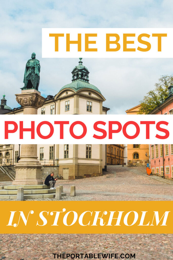 Cobblestone courtyard with statue of man, with text overlay - "The best photo spots in Stockholm".