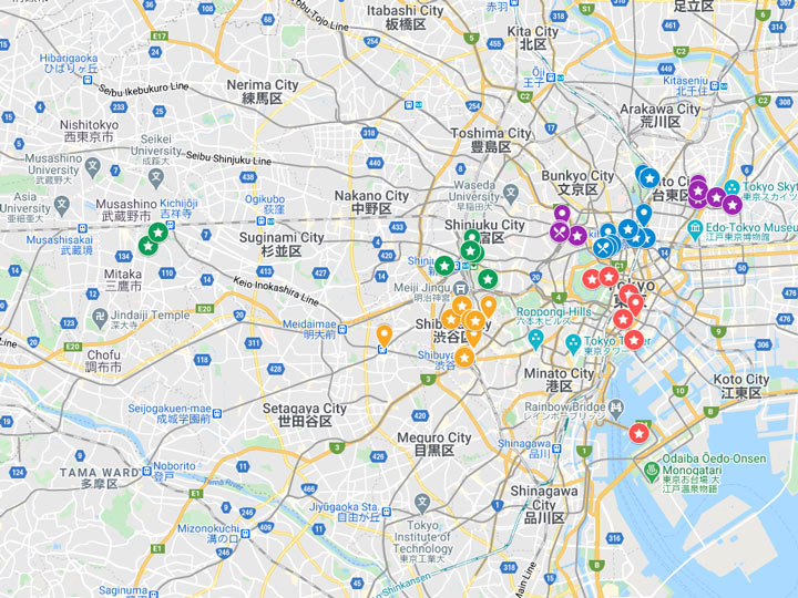 Google Maps snapshot of 6 days in Tokyo itinerary map.