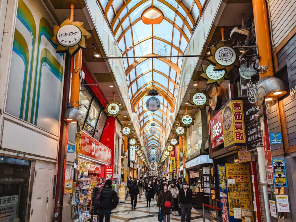 Covered shopping area of Nakano Broadway with shoppers walking below glass ceiling.