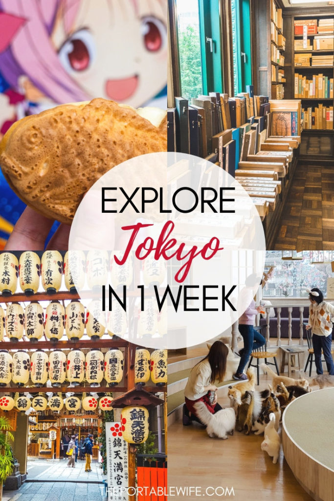 Collage of fish pastry, bookshop, paper lanterns, and cat cafe, with text overlay - "Explore Tokyo in 1 week".