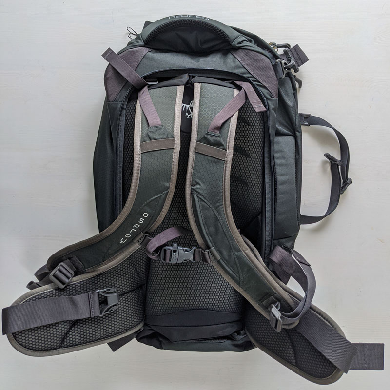 Rear view of Osprey Farpoint straps.