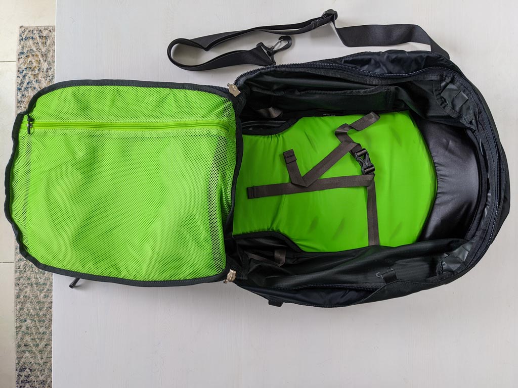 Green interior of Osprey Farpoint 40 backpack.