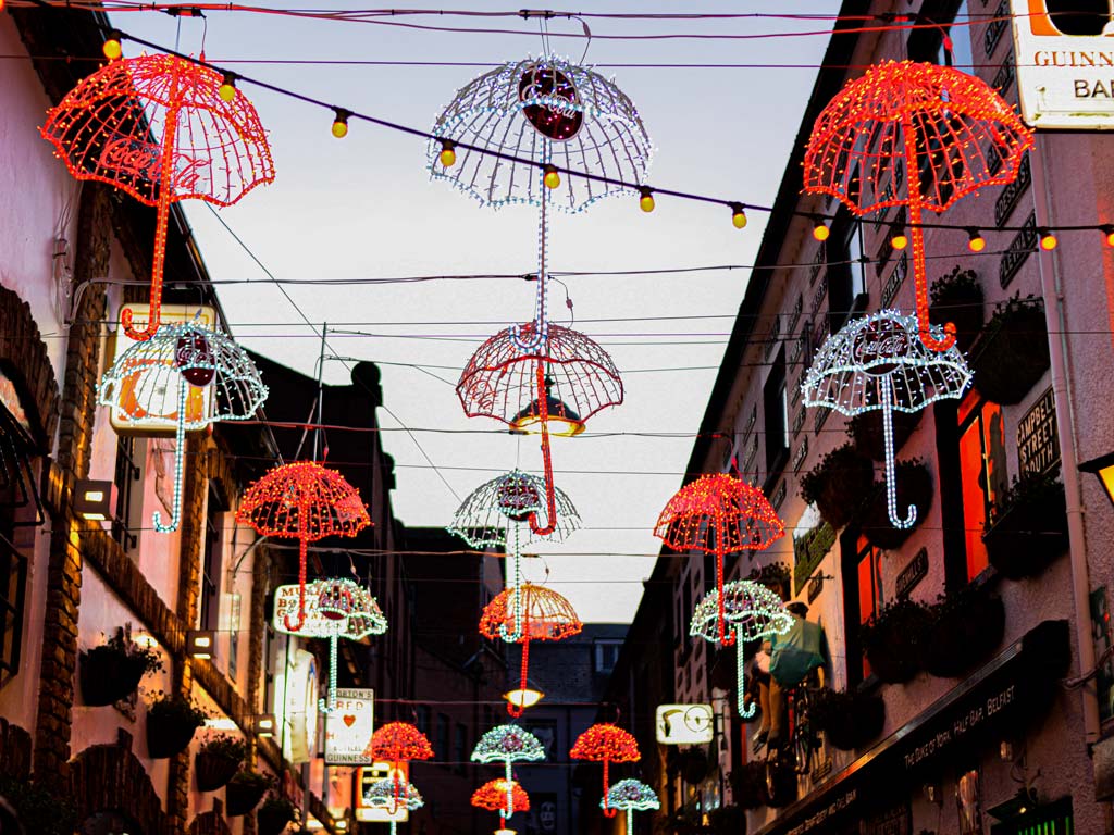 Illuminated umbrella lights over Belfast Umbrella Street.