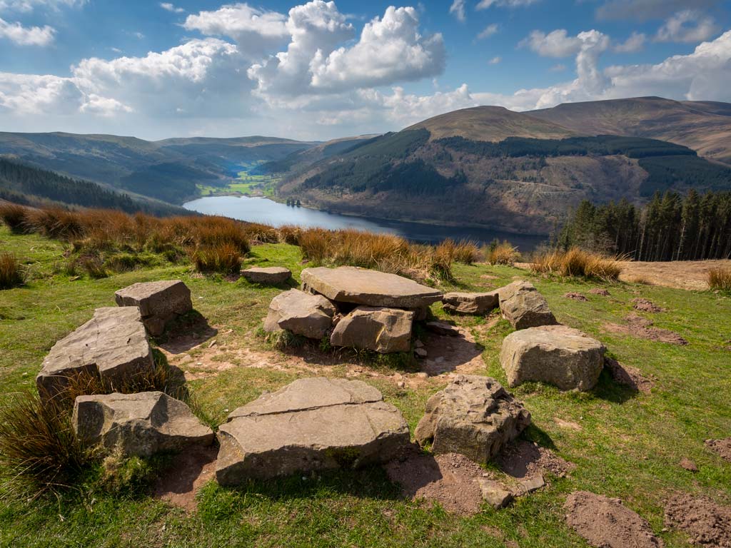 Panoramic view over Brecon Beacons hills and lake.