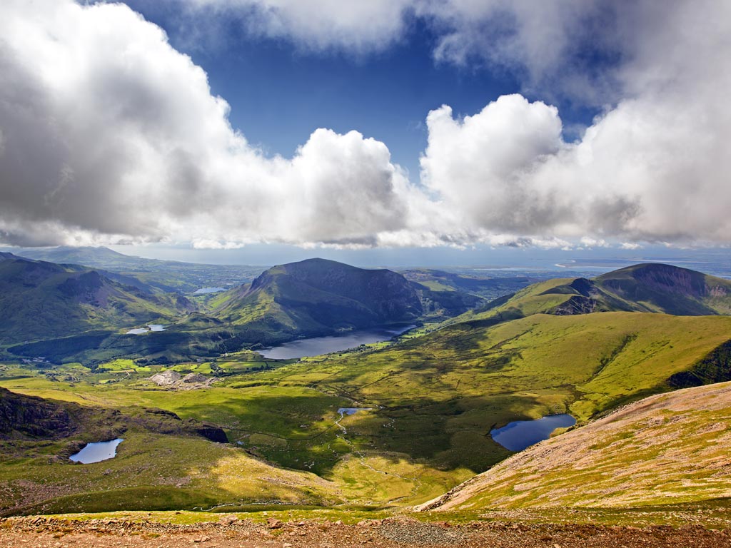 Panoramic view of hills and lakes of Snowdonia in Wales.