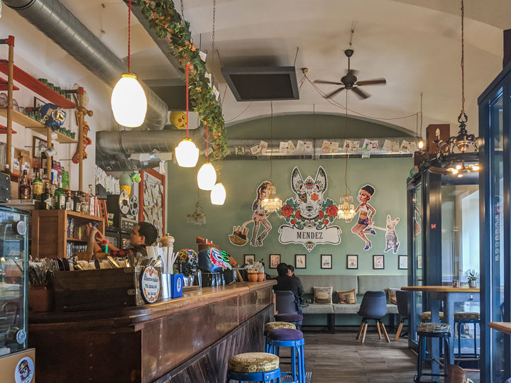 Interior seating and bar of Mexican Cafe Mendez.