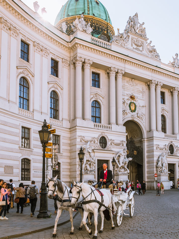 White exterior of Hofburg palace with white horses and carriage.