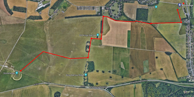 A satellite view of the route to walk from Woodhenge to Stonehenge.