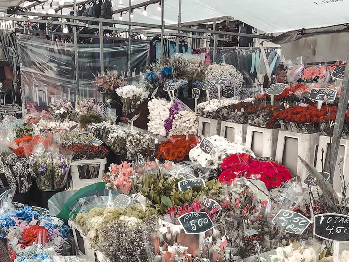 Amsterdam spring flowers sold at street market stall.