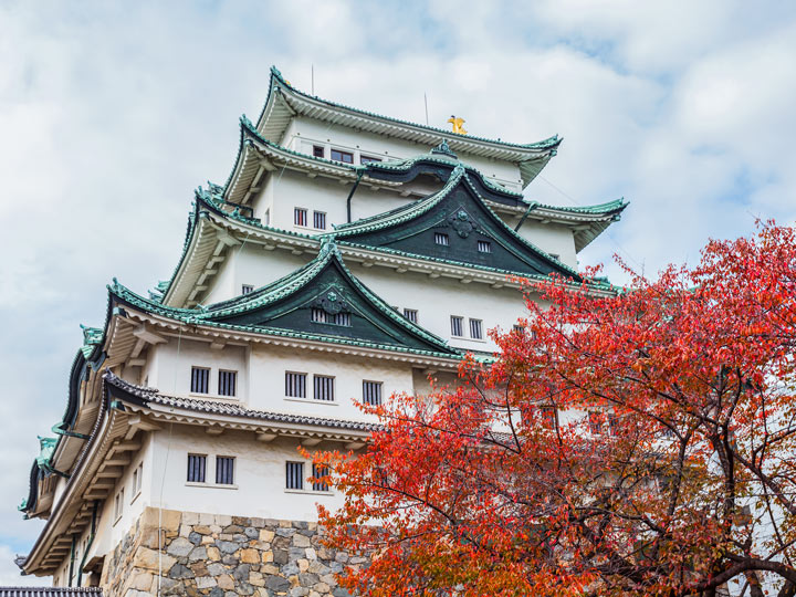 Nagoya Castle with red tree and partly cloudy sky view.