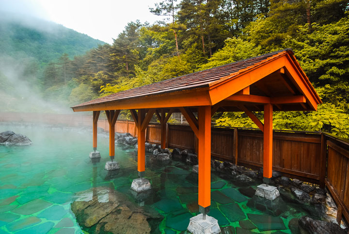 Wooden pavilion over outdoor onsen bath in Japan forest.