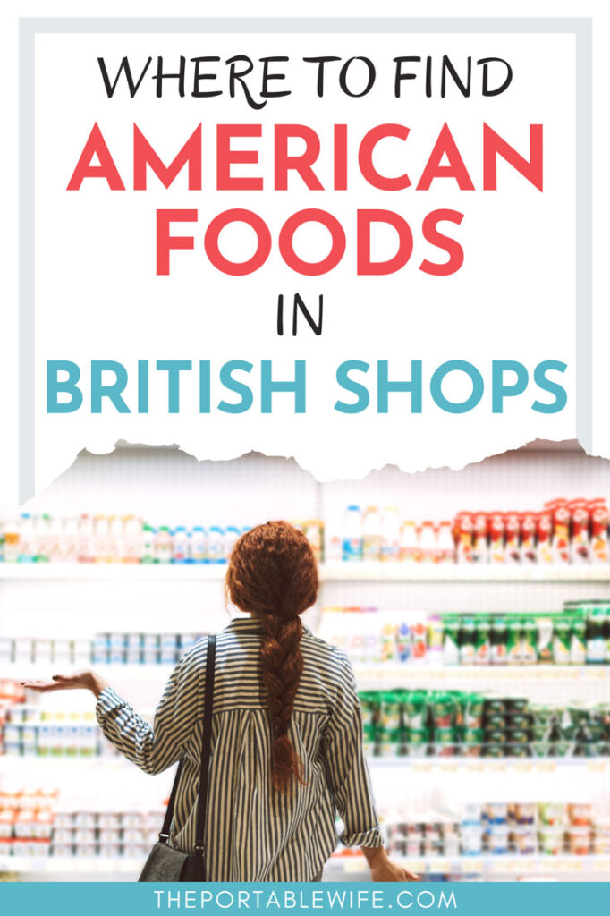Woman shopping for milk, with text overlay - "Where to buy American foods in British shops".