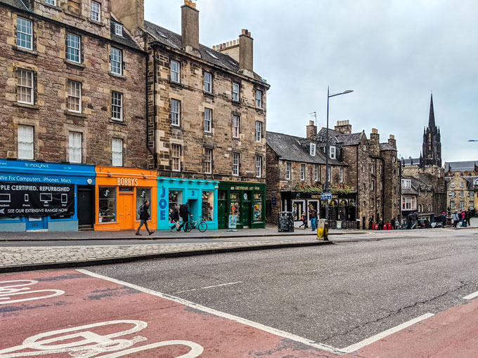 Greyfriars Bobby's Bar in Edinburgh on wide street.